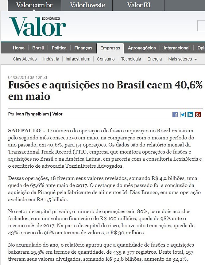 Fuses e aquisies no Brasil caem 40,6% em maio